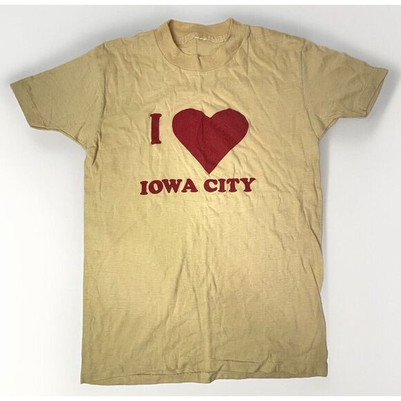 Vintage 80s I Love Iowa City Tan‎ Single Stitch T Shirt Womens Small Heart EUC